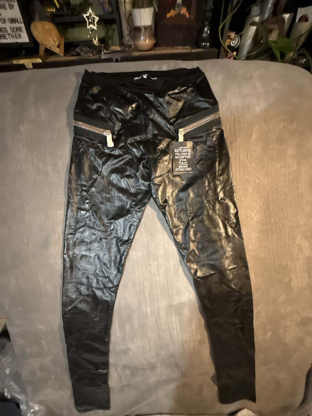 Les Chiffoniers Black Coated Zip Detail Leggings Size S